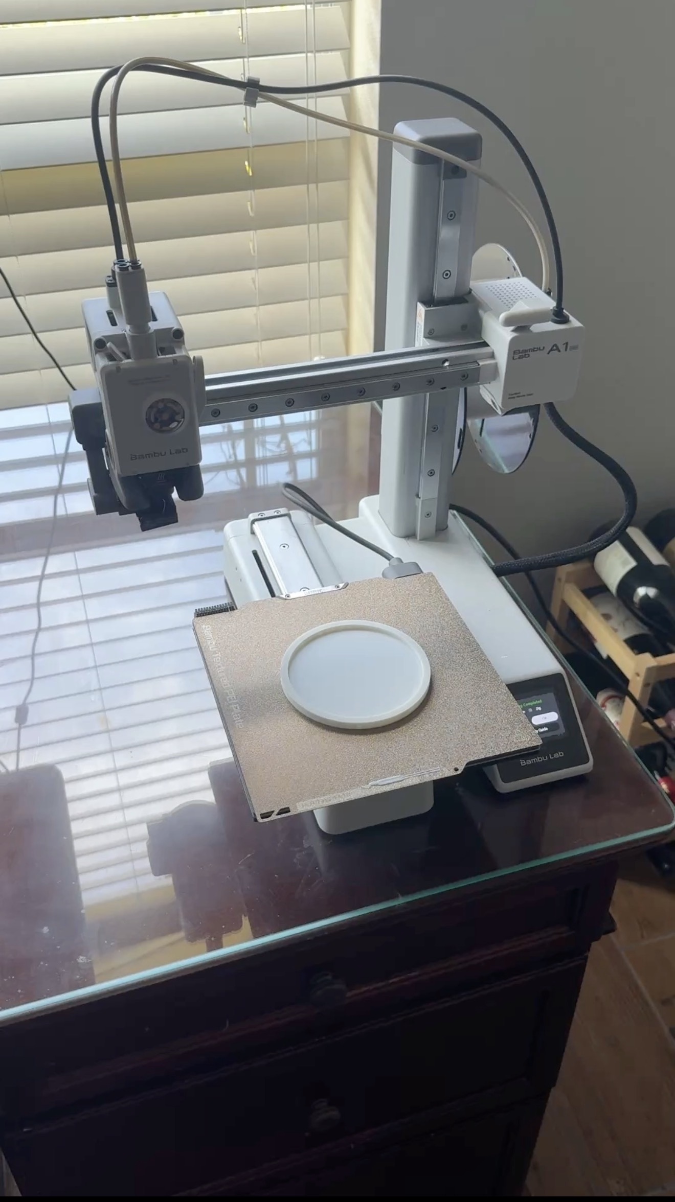 Finished 3D printed coaster sitting on Chris's Bambu Lab A1 Mini print bed